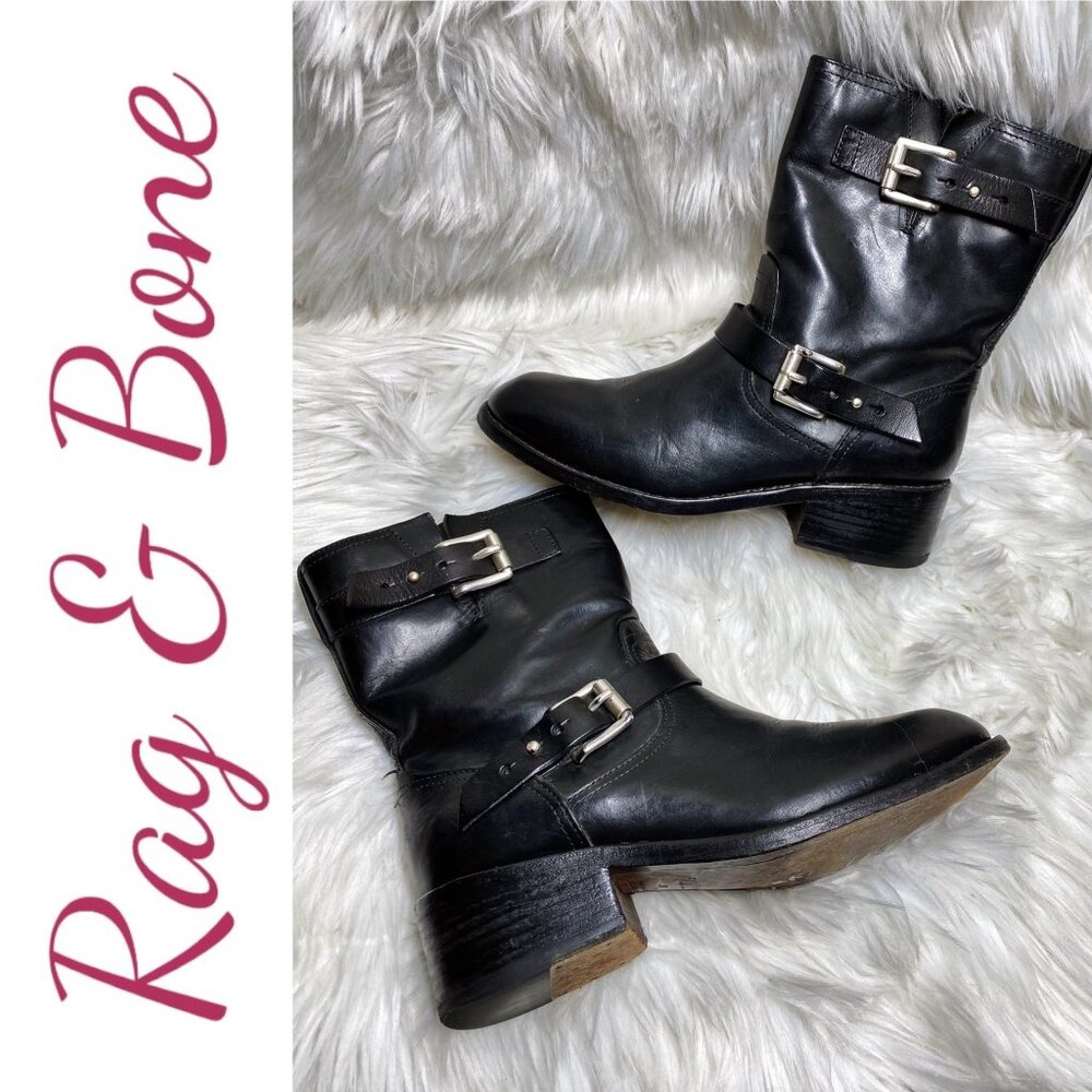 RAG & BONE ANDOVER BLACK LEATHER MOTO BOOTS GRUNGE GOTH BIKER, WOMEN’S 39